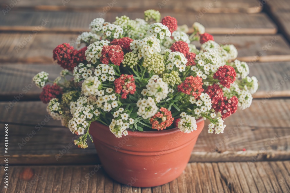 Delicate alyssum flowers in soft pastel hues cascade from a rustic red-brown pot, beautifully arranged on a worn wooden table, capturing a warm and cozy atmosphere. Delicate alyssum flowers in soft pastel hues cascade from a rustic red-brown pot, beautifully arranged on a worn wooden table, capturing a warm and cozy atmosphere.