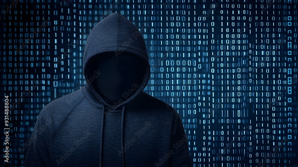 Anonymous hacker in a dark hoodie, face veiled in shadow, against a backdrop of rapidly scrolling binary code and cyber-security defenses Anonymous hacker in a dark hoodie, face veiled in shadow, against a backdrop of rapidly scrolling binary code and cyber-security defenses