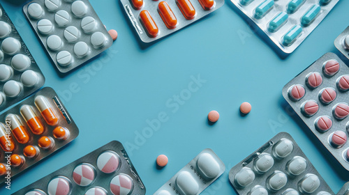 Top view on pills and capsules in blisters on a blue table. Medical drug treatment, pharmacy adverticement concept. Copy paste empty place for text photo