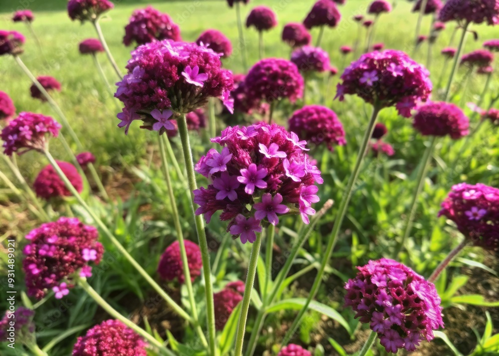 Vibrant purple Verbena flowers bloom amidst lush green grass on a sunny day, their delicate petals and stems swaying gently in the breeze. Vibrant purple Verbena flowers bloom amidst lush green grass on a sunny day, their delicate petals and stems swaying gently in the breeze.