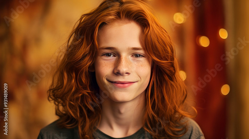 Portrait of a happy smiling red-haired, long haired confident teenage guy with perfect skin, gold background, banner.