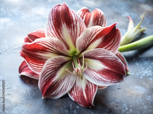 Vibrant red amaryllis flower with intricate details and delicate petals isolated on a light gray background, providing ample copy space for text or design elements.