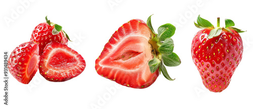 Fresh strawberries, whole and sliced, showcasing their vibrant color and texture.