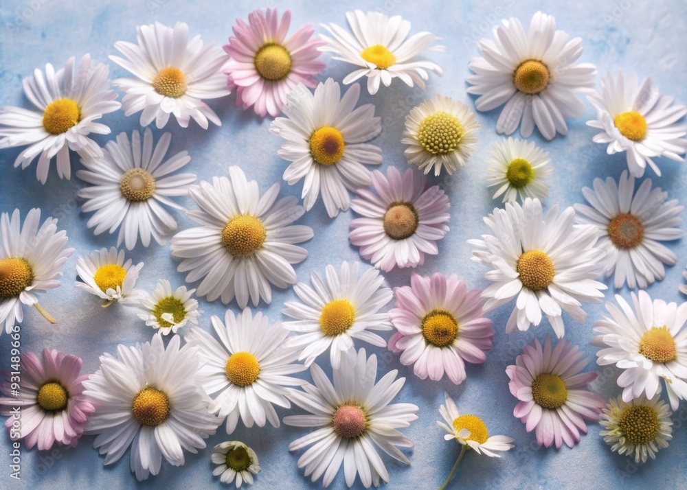 Delicate daisy blossoms in various sizes scatter across a soft, light blue paper structure background, surrounding a clean, blank copy space, perfect for adding text or design. Delicate daisy blossoms in various sizes scatter across a soft, light blue paper structure background, surrounding a clean, blank copy space, perfect for adding text or design.