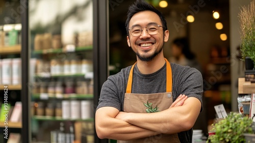 A confident franchise owner standing in front of their store, showcasing the brand's logo and products with a welcoming smile