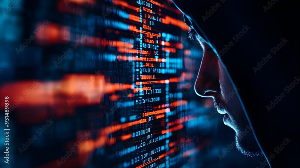 Mysterious hacker in a hoodie with face obscured, set against a ...