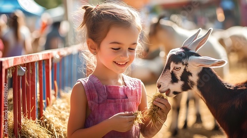 Wide shot of a petting zoo at a county fair, children feeding and petting animals like goats and rabbits, colorful fencing and hay bales, bright and sunny day, joyful and family-friendly atmosphere,