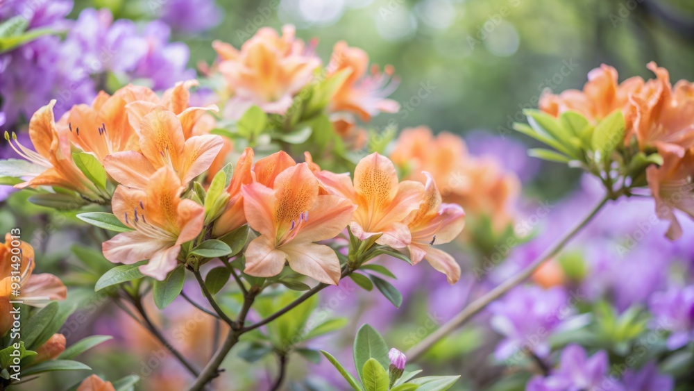 Obraz premium Vibrant orange azaleas in full bloom radiate warmth against a soft, colorful backdrop of pastel hues and gentle, blurred foliage on a serene spring day.