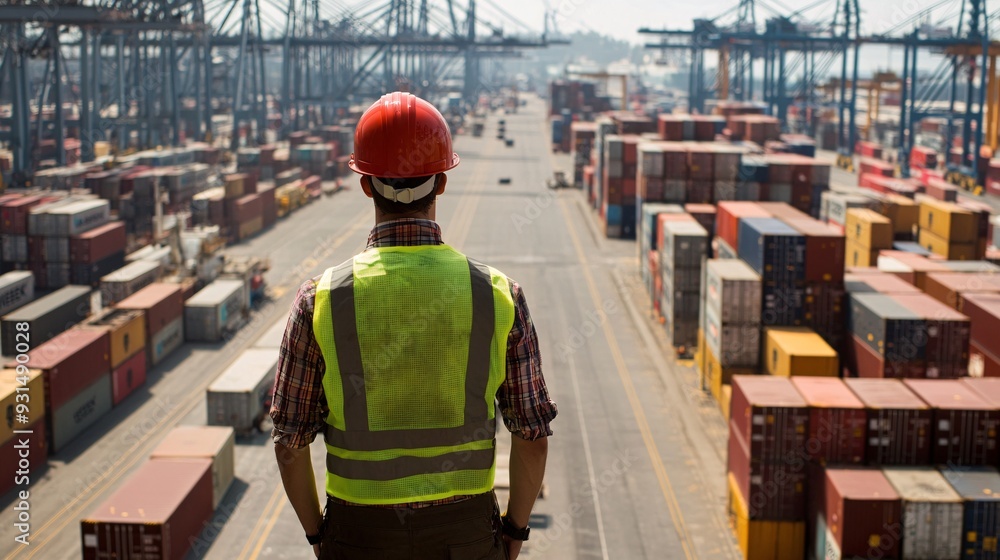 A freight and cargo inspector examining shipping containers at a bustling port, wearing a safety vest and hard hat A freight and cargo inspector examining shipping containers at a bustling port, wearing a safety vest and hard hat