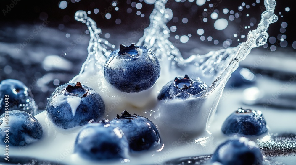 custom made wallpaper toronto digitalFresh blueberries falling into yoghurt cream, milk explosion