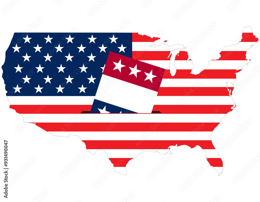 Flying vote paper put in election box with America flag in map. concept for USA election vote theme background. Flying vote paper put in election box with America flag in map. concept for USA election vote theme background.