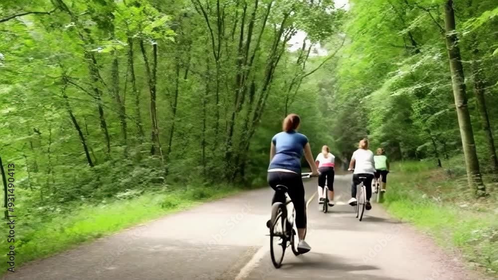 Group of women ride bicycles in a park, pedaling along a scenic forest trail. Group of women ride bicycles in a park, pedaling along a scenic forest trail.