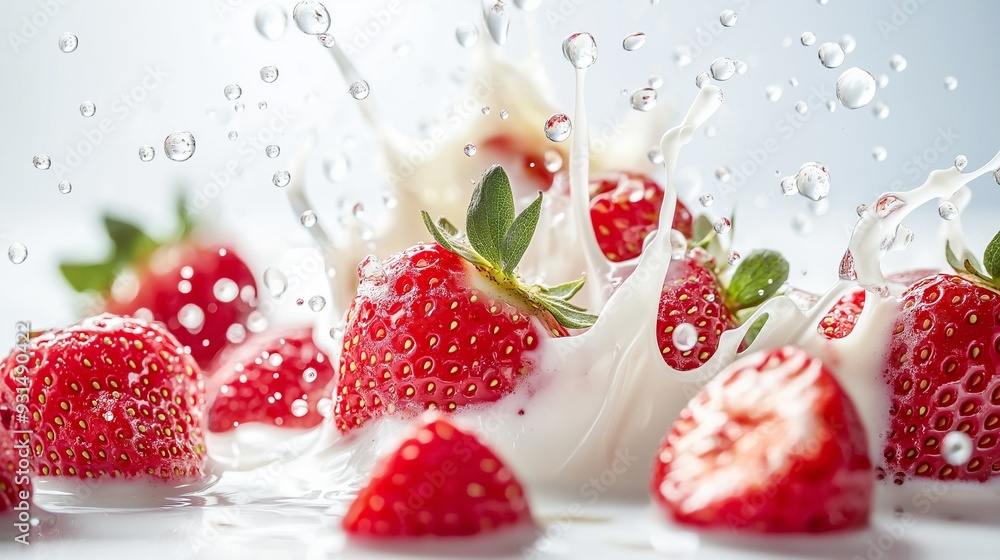 Strawberry falling into milk splash, dynamic health food Strawberry falling into milk splash, dynamic health food