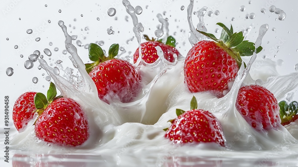 Strawberry falling into milk splash, dynamic health food Strawberry falling into milk splash, dynamic health food