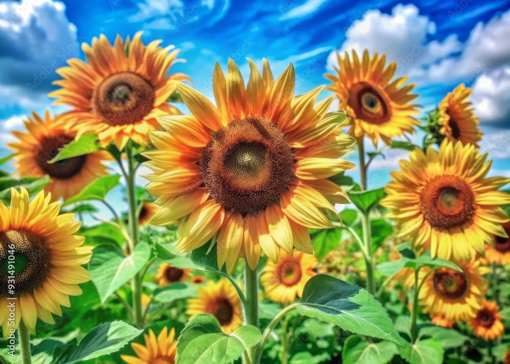 Vibrant yellow sunflowers sway gently in the breeze, their bright petals shining against a brilliant blue sky with a few wispy white clouds. Vibrant yellow sunflowers sway gently in the breeze, their bright petals shining against a brilliant blue sky with a few wispy white clouds.