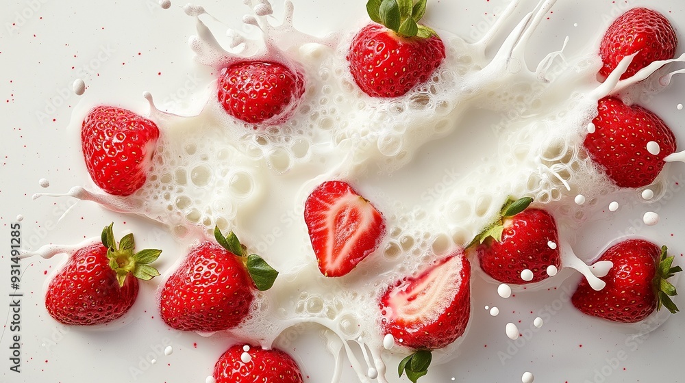 Strawberry falling into milk splash, dynamic health food Strawberry falling into milk splash, dynamic health food