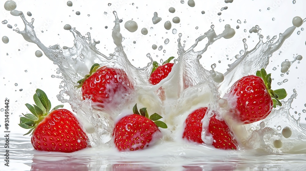 Strawberry falling into milk splash, dynamic health food Strawberry falling into milk splash, dynamic health food