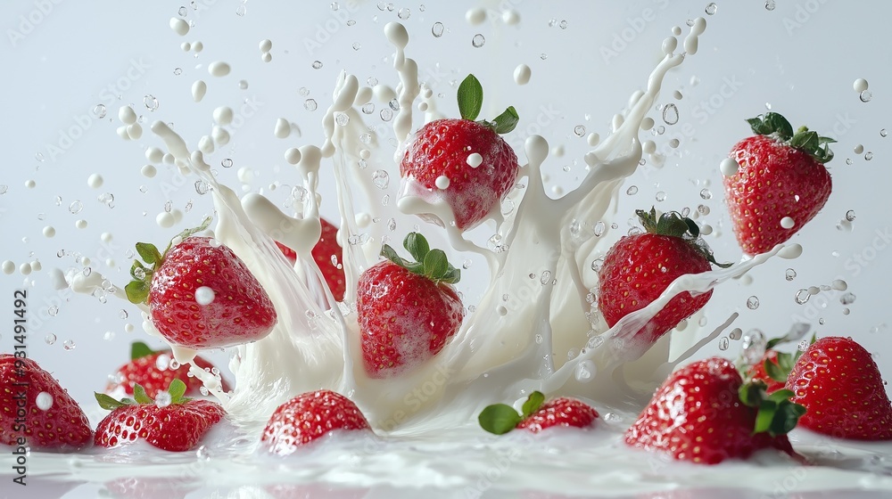 Strawberry falling into milk splash, dynamic health food Strawberry falling into milk splash, dynamic health food