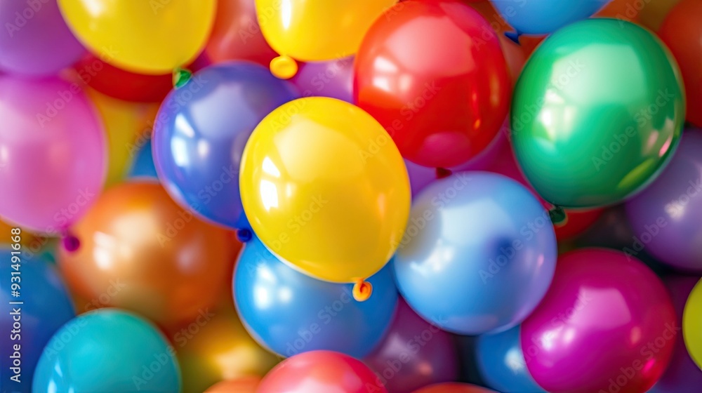 Close-up of colorful balloons in a bunch, vivid hues and festive atmosphere Close-up of colorful balloons in a bunch, vivid hues and festive atmosphere