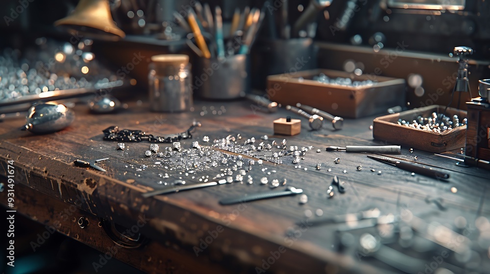 Workplace of a jeweler Tools and equipment for jewelry work on an antique wooden desktop Jeweller engraver at work on jewelry made of diamonds and gold Wood Platinum Diamond Metal Back : Generative AI Workplace of a jeweler Tools and equipment for jewelry work on an antique wooden desktop Jeweller engraver at work on jewelry made of diamonds and gold Wood Platinum Diamond Metal Back : Generative AI