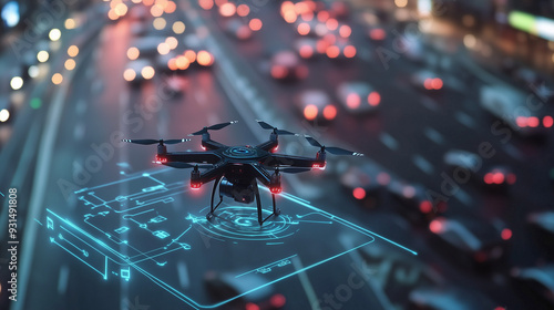 High-tech AI-enhanced traffic enforcement system using drones and sensors, featuring advanced surveillance technology, real-time data processing, and intelligent algorithms to monitor and enforce traf photo