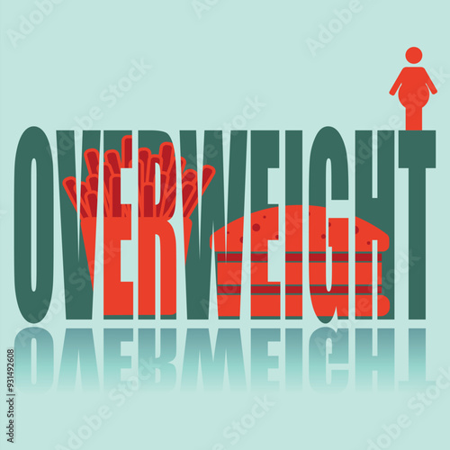 Overweight poster. Vector poster on a social theme. Word overweight on green background with reflection.
