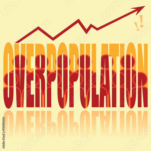 Overpopulation poster. Vector poster on a social theme. Word overpopulation on orange background with reflection.