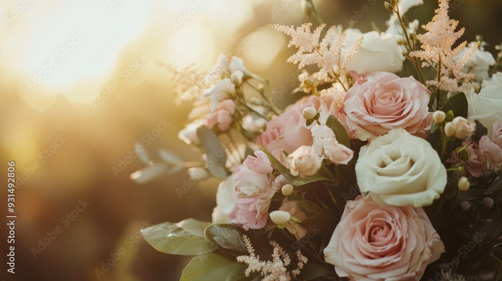 Detailed shot of a wedding bouquet, soft light gradient in the background adding warmth and depth to the floral arrangement Detailed shot of a wedding bouquet, soft light gradient in the background adding warmth and depth to the floral arrangement