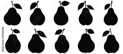 Pear silhouettes set, fruit pack of vector silhouette design, isolated background