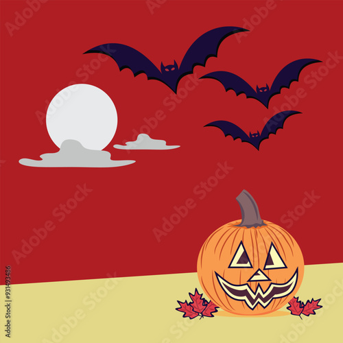 vector pumpkin with a face happy Halloween cartoon background design illustration Halloween design with moon and red background 