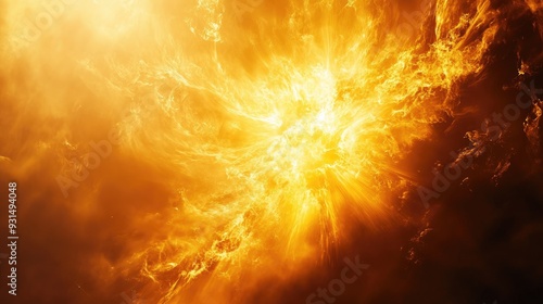 High-definition image of a solar flare, captured against a minimalist backdrop, focusing on the intense energy and light