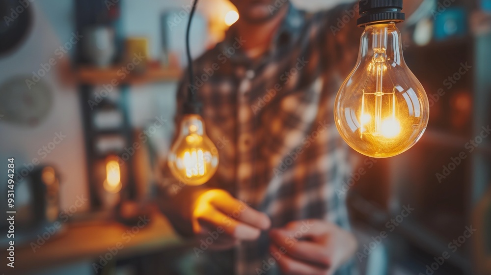 A man replacing light bulbs throughout his home, ensuring bright A man replacing light bulbs throughout his home, ensuring bright