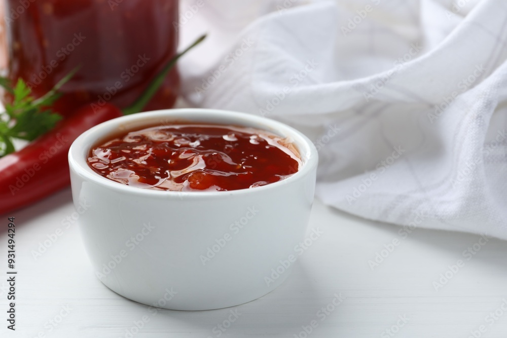 Spicy chili sauce in bowl on white wooden table, closeup Spicy chili sauce in bowl on white wooden table, closeup