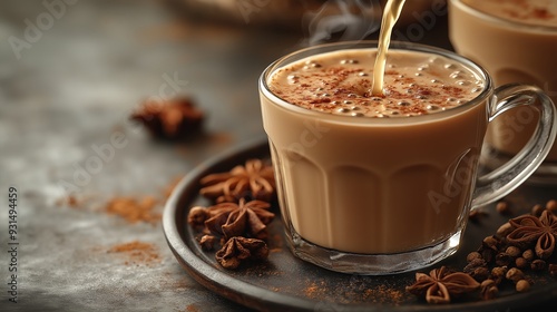 Steaming Hot Chai Tea Being Poured into a Glass Mug Surrounded by Spices, Evoking Warmth and Comfort