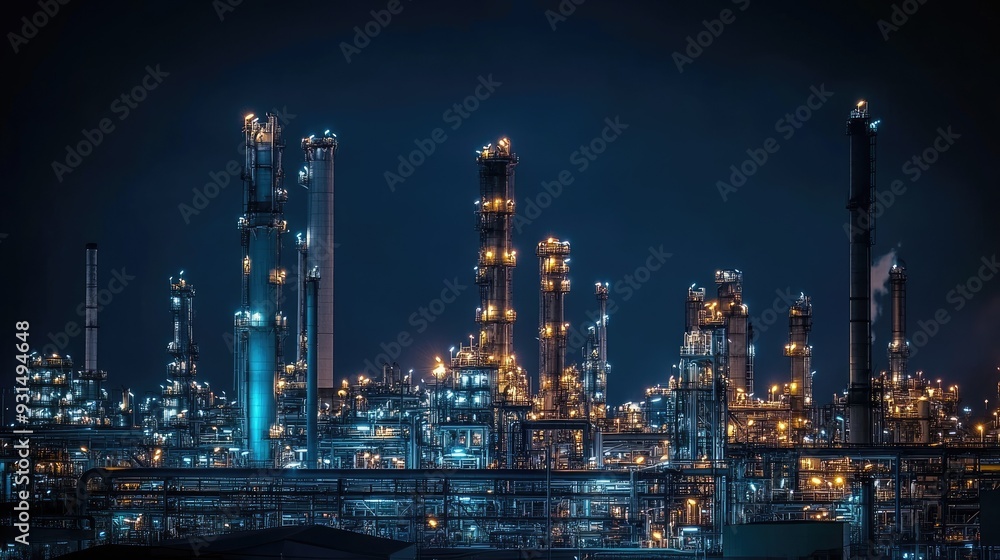 Night view of an oil refinery, illuminated pipes and towers, a dark sky providing contrast to the bright lights Night view of an oil refinery, illuminated pipes and towers, a dark sky providing contrast to the bright lights