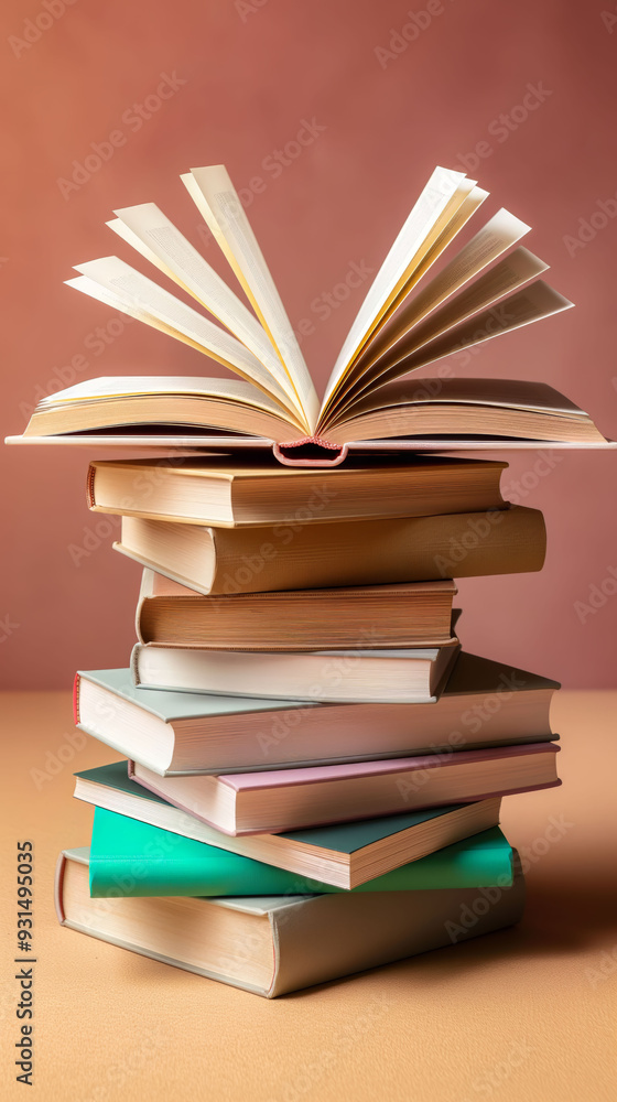Naklejka premium A stack of books with a large, open book on top, displaying its pages fanned