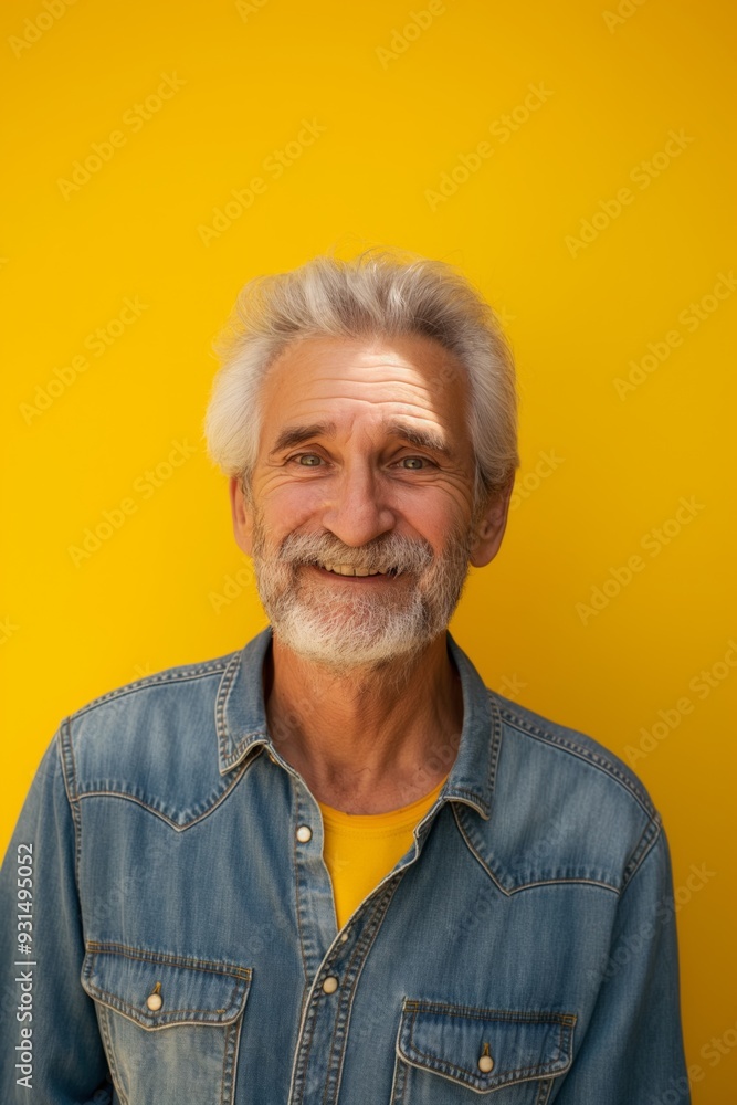 A man with a beard and gray hair is smiling at the camera. He is wearing a blue shirt and a yellow shirt A man with a beard and gray hair is smiling at the camera. He is wearing a blue shirt and a yellow shirt