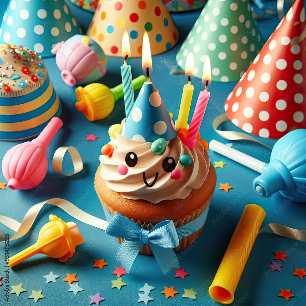 Fototapeta premium Birthday party caps, blowers and candles on blue background