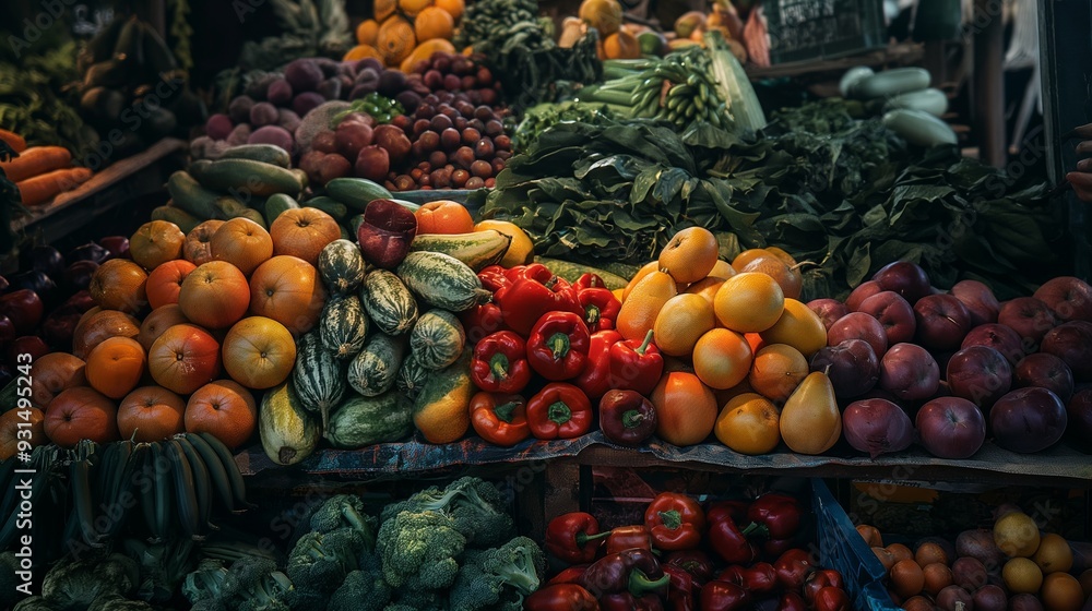 pile of colorful fruits and vegetables arranged in a market pile of colorful fruits and vegetables arranged in a market
