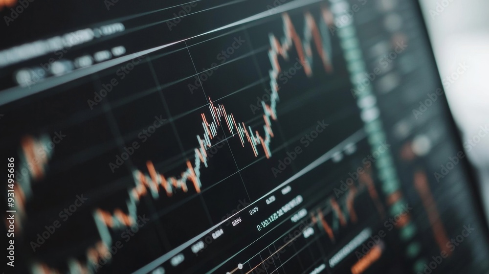 Close-up of a financial graph on a computer screen, showcasing upward and downward trends with detailed line and bar charts. Close-up of a financial graph on a computer screen, showcasing upward and downward trends with detailed line and bar charts.