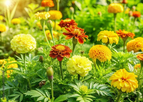 Vibrant tagetes and assorted flowers bloom in a lush garden, basking in warm sunlight, surrounded by lush greenery, on a tranquil, idyllic sunny day.