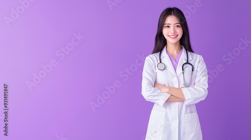 Full body oian woman model in a dental hygit uniform at right for a isolated lavender purple background photo