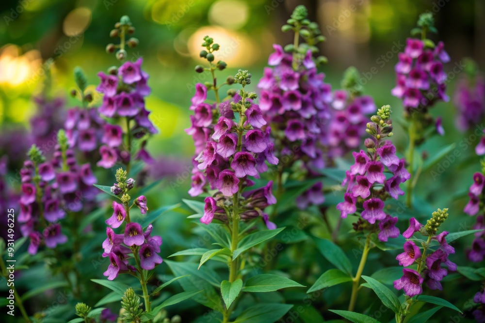 Vibrant purple Angelonia flowers blooming in a garden bed, with delicate petals and stems swaying gently, surrounded by lush greenery and ample copy space. Vibrant purple Angelonia flowers blooming in a garden bed, with delicate petals and stems swaying gently, surrounded by lush greenery and ample copy space.