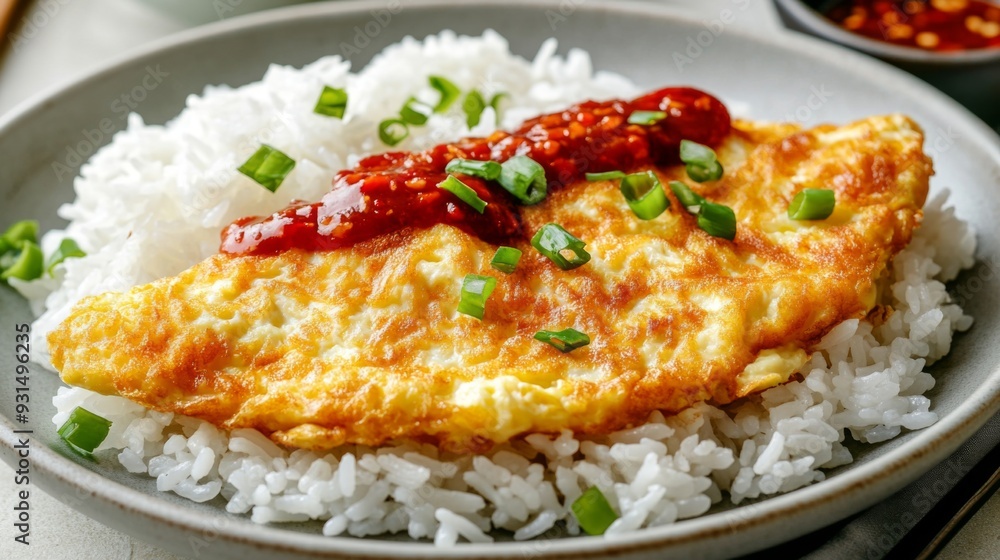 Close-up of a fluffy, golden omelette resting on a bed of white jasmine rice, with crispy edges and soft texture, garnished with chili sauce on the side. Close-up of a fluffy, golden omelette resting on a bed of white jasmine rice, with crispy edges and soft texture, garnished with chili sauce on the side.