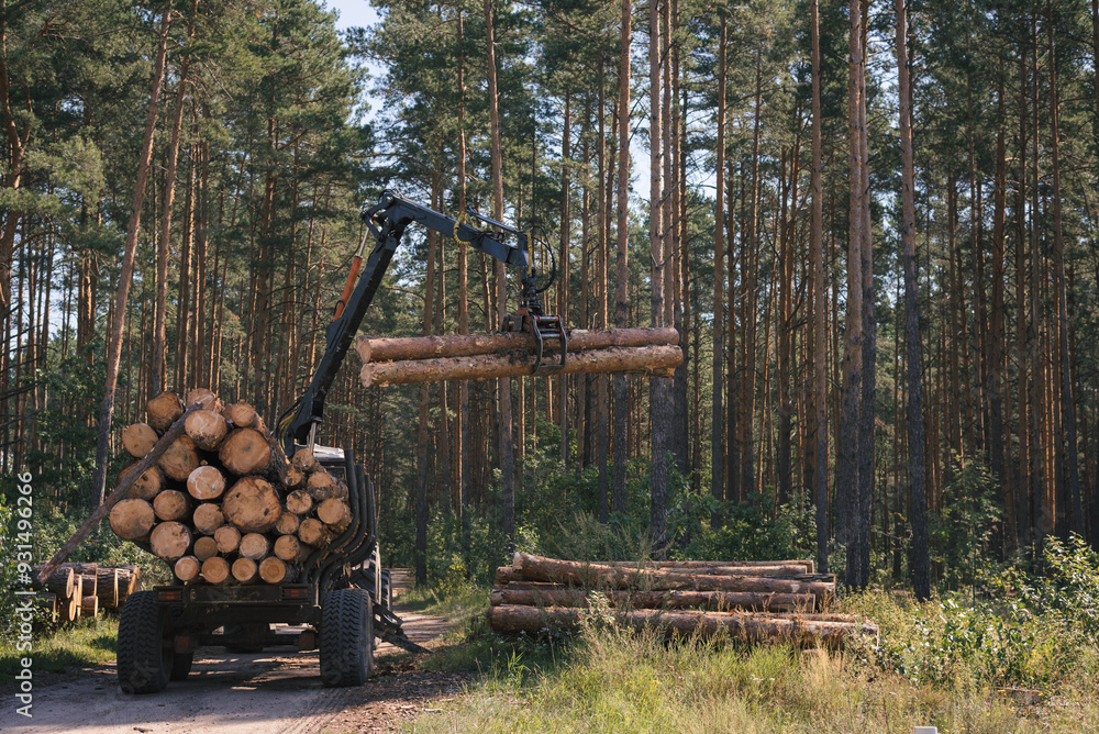 Tractor works in the forest. Timber harvesting Tractor works in the forest. Timber harvesting