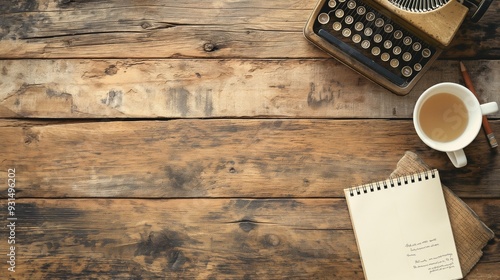 wooden table with a vintage typewriter and a notepad