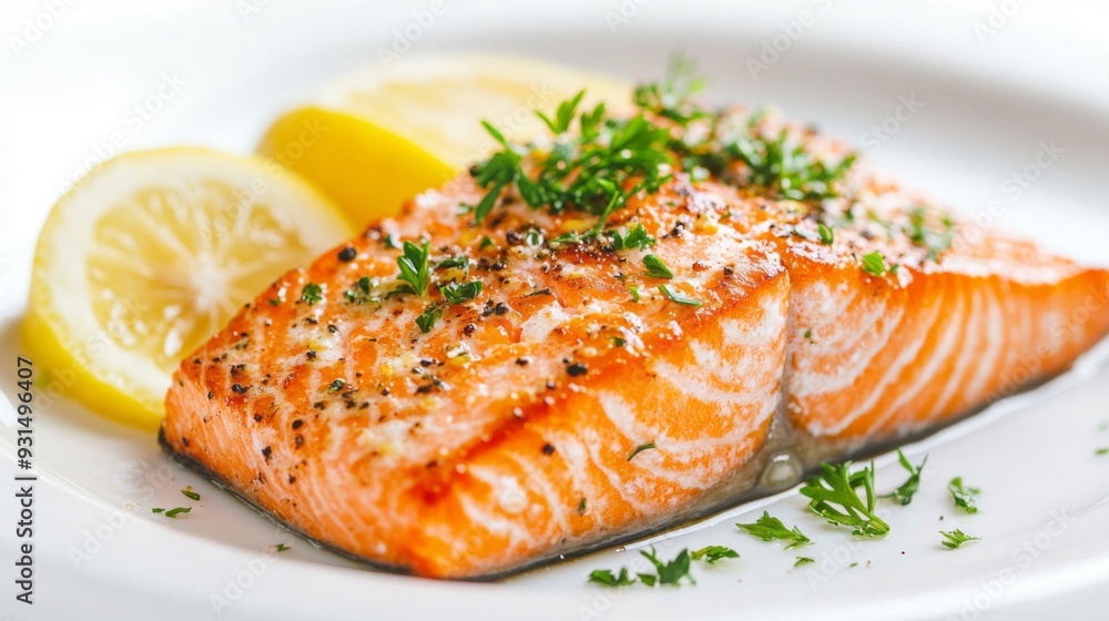 Close-up of a garnished salmon dish with herbs and lemon slices on a white plate, against a plain white background, focusing on the presentation. Close-up of a garnished salmon dish with herbs and lemon slices on a white plate, against a plain white background, focusing on the presentation.