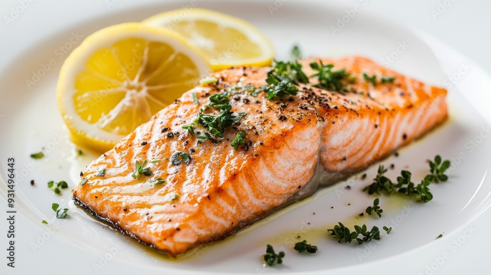 Close-up of a garnished salmon dish with herbs and lemon slices on a white plate, against a plain white background, focusing on the presentation. Close-up of a garnished salmon dish with herbs and lemon slices on a white plate, against a plain white background, focusing on the presentation.
