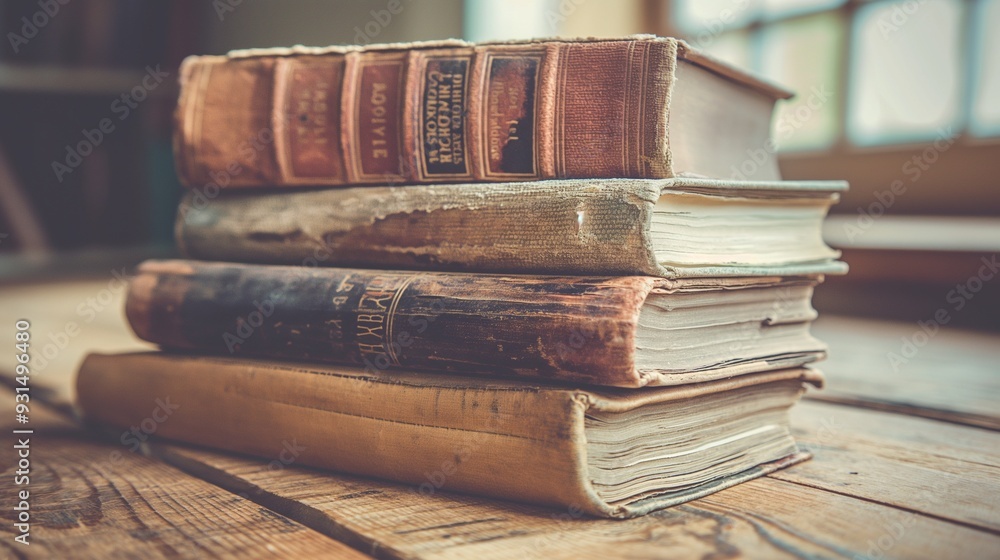 Naklejka premium stack of old books with worn covers and yellowed pages