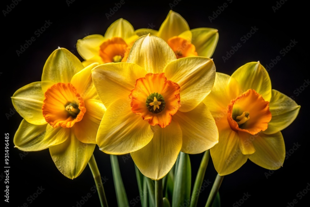 Naklejka premium intense macro daffodil blooms on black background with dramatic shallow depth of field and vibrant yellow trumpet centers